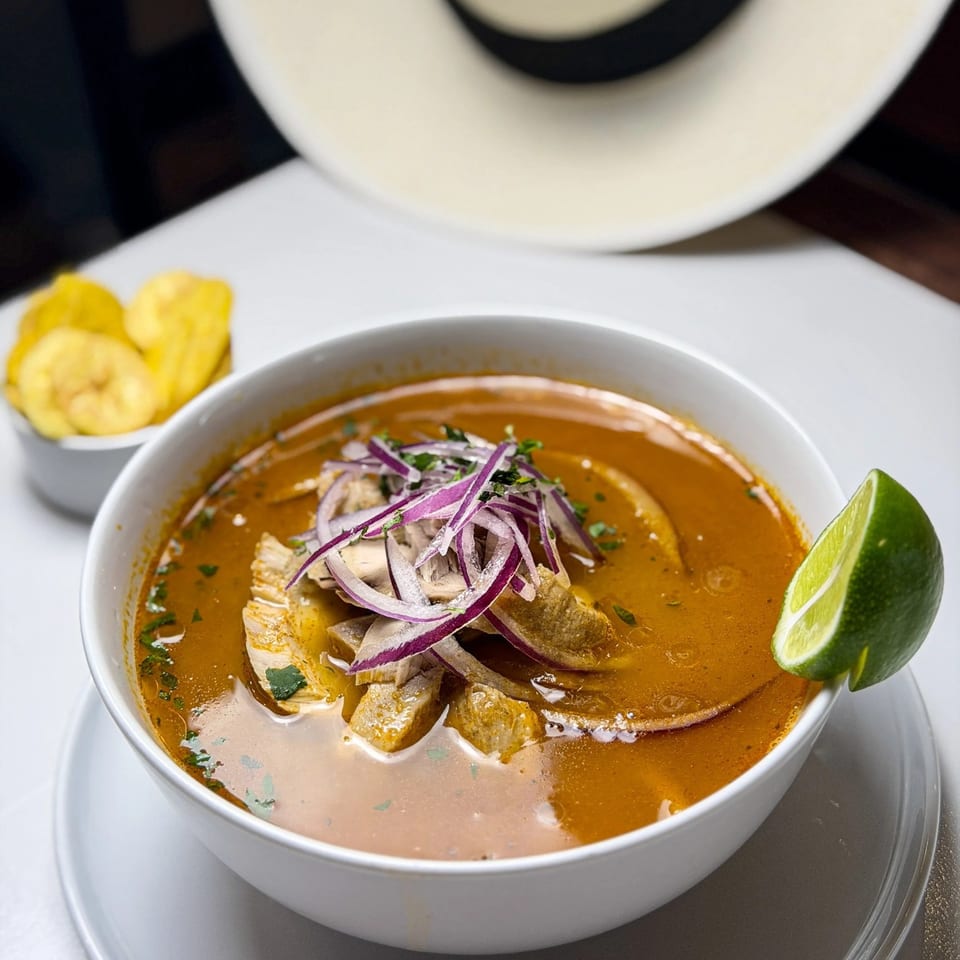 Hearty soup with meat, red onions, and cilantro, garnished with a lime wedge and plantain chips.